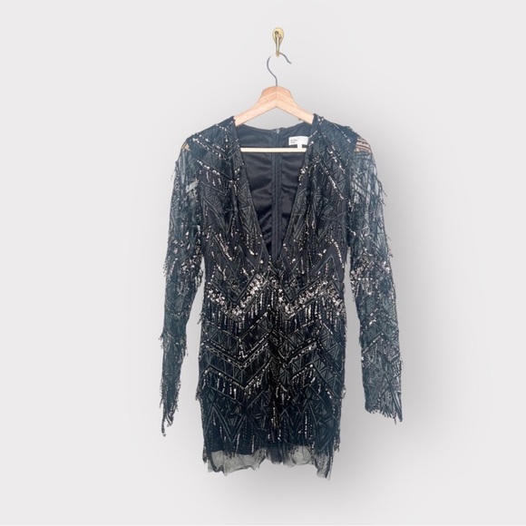BY THE WAY Ashton Sheer Lace Black Sequin Fringe Dress (Sz M) - Picture 2 of 4